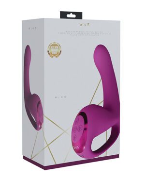 A purple adult toy next to its packaging box which has the branding 'VIVE' and an award sticker.