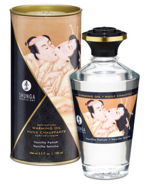 Aromatic warming oil in a decorative package, featuring a traditional artwork of two lovers, promoting sensual enjoyment.