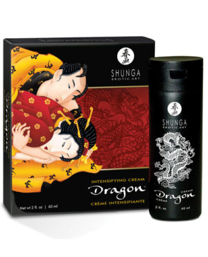 Intensifying Cream - Dragon::A sleek black bottle of Shunga's Intensifying Cream Dragon beside its decorative box featuring an artistic design with two figures.