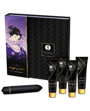 A sensual gift set by Shunga, featuring a variety of intimate products including lubricants and a discreet vibe, presented in an elegantly designed box.