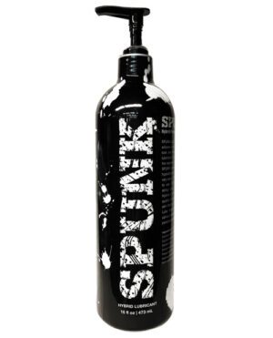 A black pump bottle with white text labeled as hybrid lubricant.