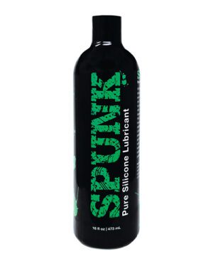 A black bottle with green lettering that reads "SPUNK Lube" which is a pure silicone lubricant, in a 16 fl oz size.