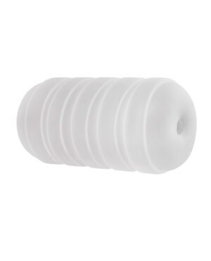 A stack of white, circular foam spacers with a central hole, isolated on a white background.