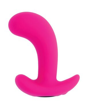 Bright pink silicone object with a curved shape on a white background.