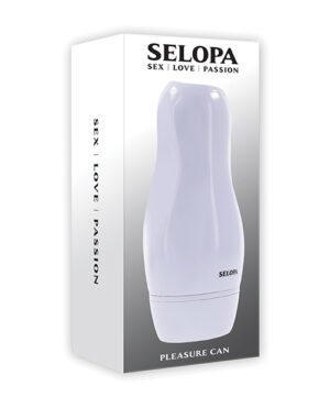 Product packaging for 'SELOPA Pleasure Can' with the tagline 'SEX | LOVE | PASSION' displayed on both the product and the white box.