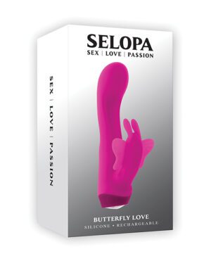 Product packaging for "SELOPA Butterfly Love," depicting a pink adult toy with a butterfly shape. The box has the brand name and the phrases "SEX | LOVE | PASSION," highlighting that it's made of silicone and rechargeable.