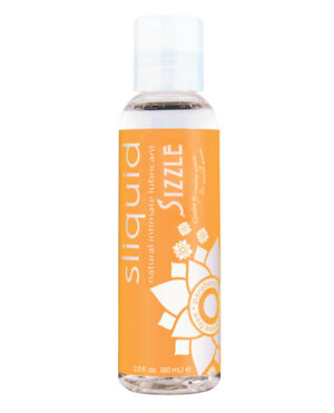 Bottle of Sliquid Sizzle natural intimate lubricant, 2.0 fl oz, with an orange label featuring a floral design.