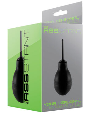 Product packaging for "The Assistant - Your Personal Cleansing Bulb," featuring a black squeeze bulb with a nozzle, displayed in front of a half green, half transparent box with product details.
