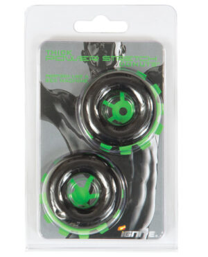 Two black and green power stretch rings displayed in packaging, designed for enhancing performance and providing support during intimate activities.