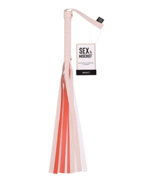 A pink and white flogger with a 'Sex & Mischief' tag attached to the handle.