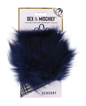 Navy blue furry sensory glove product packaging on white background.