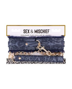 Blue denim and faux fur collar with matching leash, packaged with 'Sex & Mischief' branding.