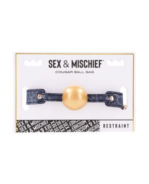 A packaged adult novelty gag ball with denim straps on a branded cardboard backing.