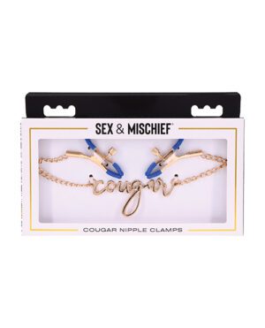 A product packaging for Cougar Nipple Clamps by Sex & Mischief with the items visible through the plastic window.