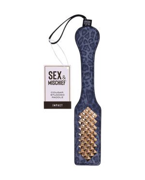 A leopard print studded paddle with label, designed for adult impact play.