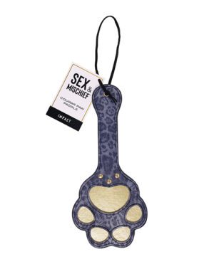 A Sex & Mischief branded paddle with a leopard print design and a tag attached, isolated on a white background.