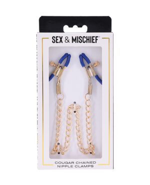 Packaged nipple clamps with chain on display labeled 'Sex & Mischief'