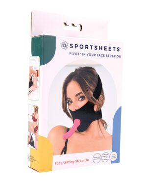 Product packaging for a face-sitting strap with images and instructions, featuring the brand "Sportsheets" and the product in use.