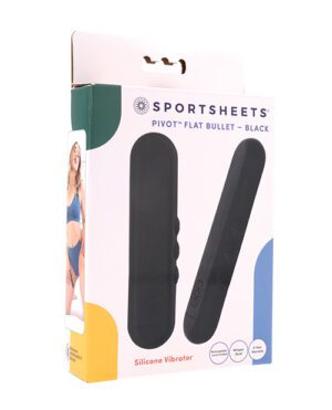 A product packaging for a black "Sportsheets Pivot Flat Bullet" silicone vibrator.