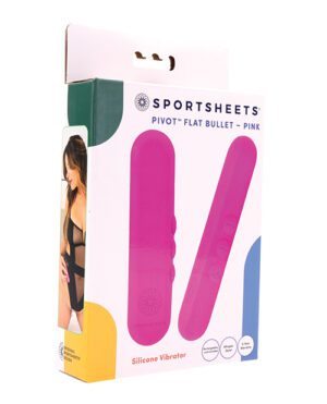 Alt text: Packaging of a "SPORTSHEETS - PIVOT FLAT BULLET - PINK" product with an image of the pink silicone vibrator on the front and a side panel image of a woman in lingerie.