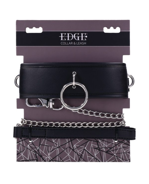 A black leather collar with metal ring and attached chain leash, presented on EDGE branded packaging.