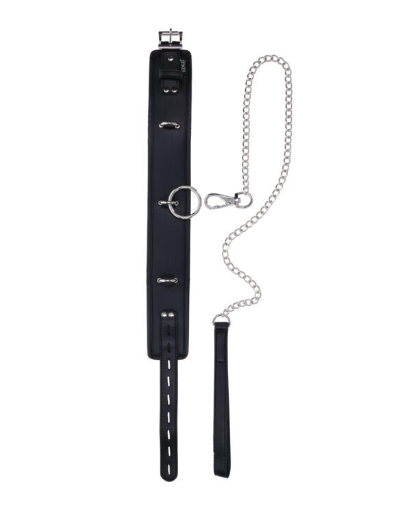 A black leather belt with silver buckle and loop rings, featuring a detachable chain with a clip, isolated on a white background.