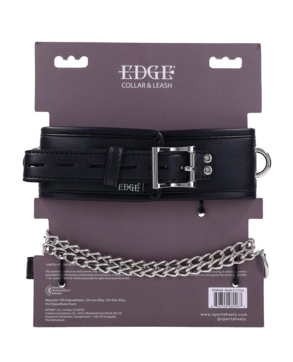 Black leather collar and chain leash on a purple product card with 'EDGE' logo and product information.