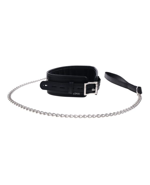 A black leather choker collar with a metal buckle and attached chain link against a white background.