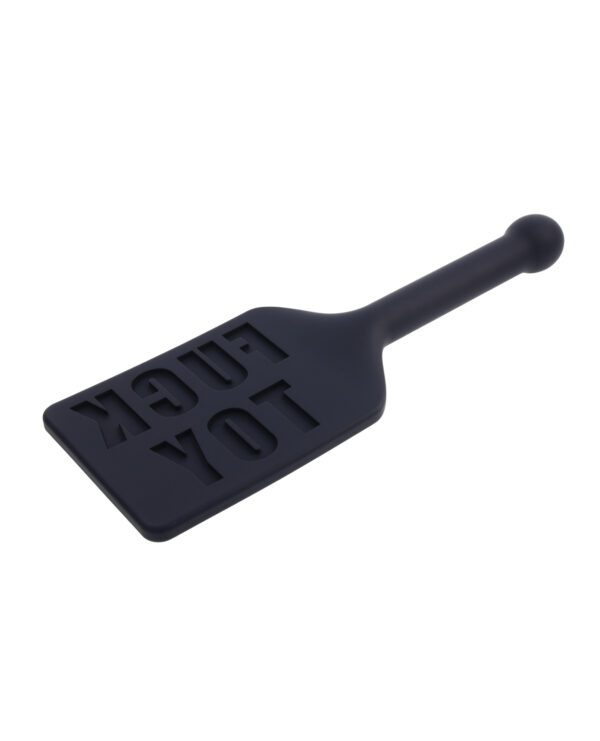 A black fly swatter with the words "BUG OFF" embossed on it, isolated on a white background.