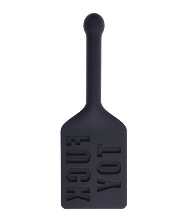 A black silicone spatula with raised letters spelling "LOVE" presented upside down on a white background.