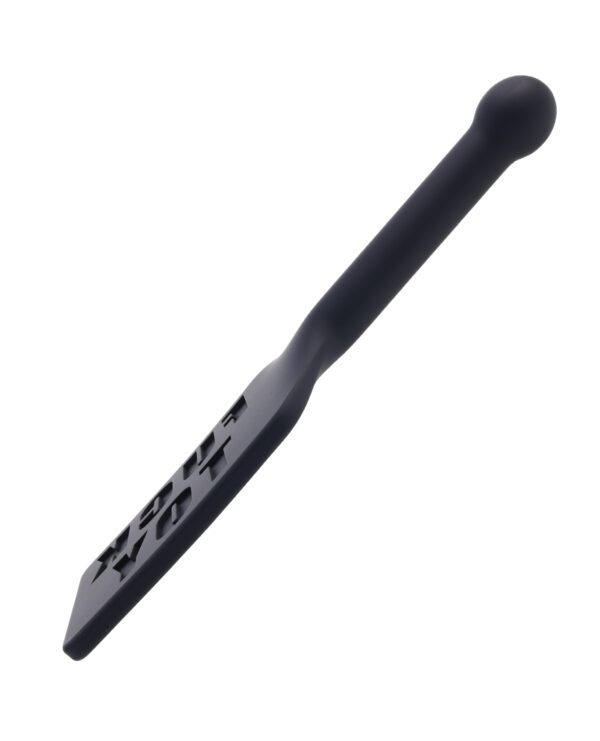 A black silicone spatula with a unique design, isolated on a white background.