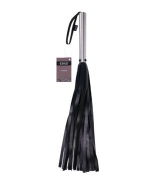 A sleek black leather flogger with a silver handle and attached product tag against a white background.