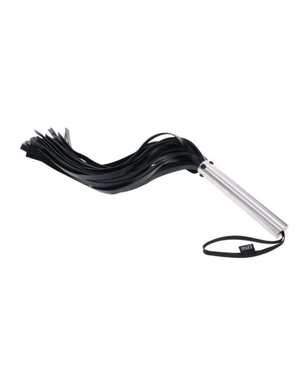 A black leather flogger with multiple tails and a wrist strap attached to the handle isolated on a white background.