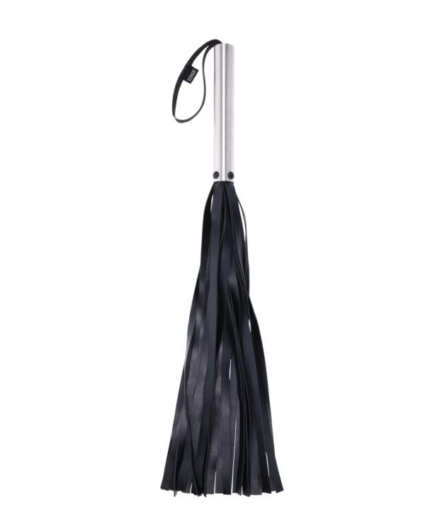 A closed black umbrella with a metallic handle isolated on a white background.