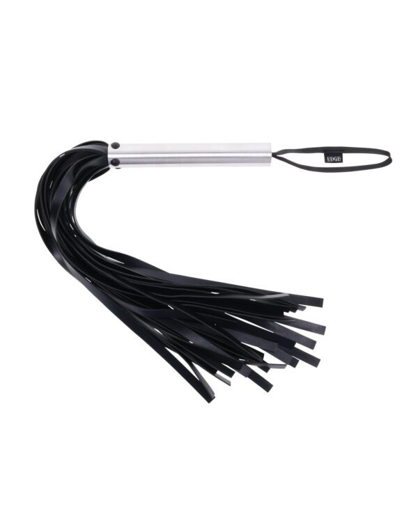 A black leather flogger with a metal handle and wrist strap, isolated on a white background.