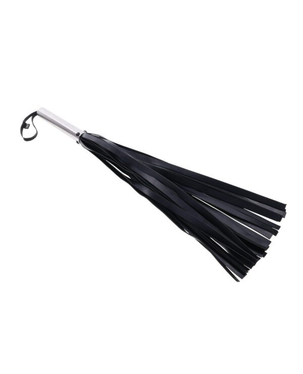 A closed compact black umbrella with a silver handle isolated on a white background