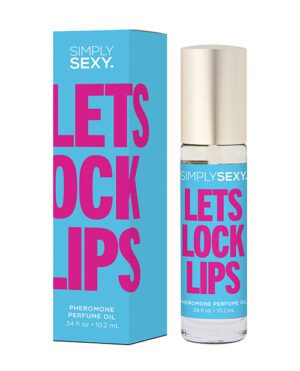 A product image featuring a bottle of "SIMPLY SEXY LETS LOCK LIPS Pheromone Perfume Oil" next to its matching turquoise and pink packaging box. The box and bottle label have bold magenta lettering.