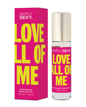 A perfume bottle labeled "Simply Sexy Love All Of Me" next to its pink and yellow packaging box with the same text.