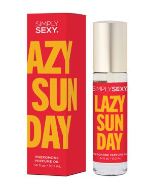 A bottle of "Simply Sexy Lazy Sunday" pheromone perfume oil next to its red packaging box with the same label.