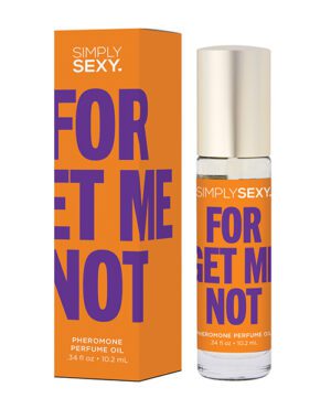 A pheromone perfume oil product named "Simply Sexy Forget Me Not" with its packaging, featuring bold orange and white design with product details.