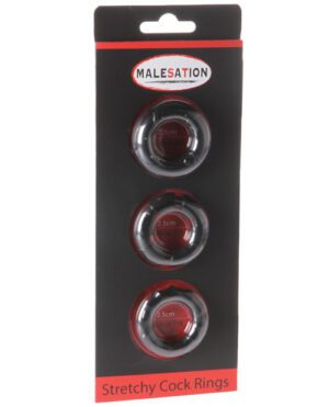 Product packaging for a set of three black stretchy rings by MALESATION, each measuring 2.5 cm in diameter, displayed in a vertical blister pack.