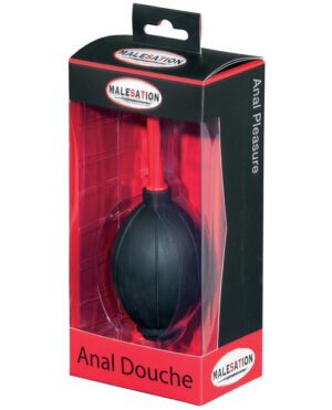 Product packaging for a black anal douche with the brand "Malesation" on it, placed on a white background.