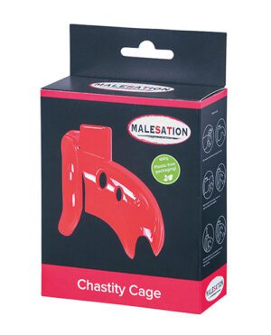 Product packaging for a "Chastity Cage" by MALESATION, featuring a red chastity device image against a black background with red accents, and text highlighting "100% plastic-free packaging".