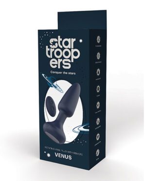 A product packaging with a space theme, labeled "Star Troopers", featuring an image of a rotating plug with remote control and the text "Conquer the stars".