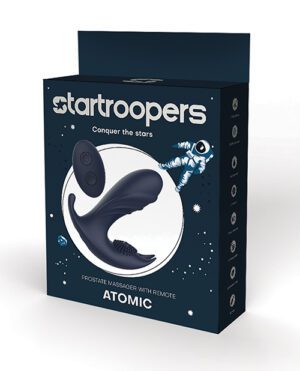 A product box for a "StarTroopers ATOMIC Prostate Massager with Remote" featuring a space-themed design and an illustration of the massager.