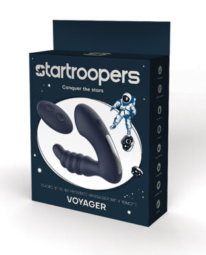 This image features a product packaging box for "Startroopers Voyager," described as a "beaded strong vibration prostate massager with remote," with an astronaut theme.