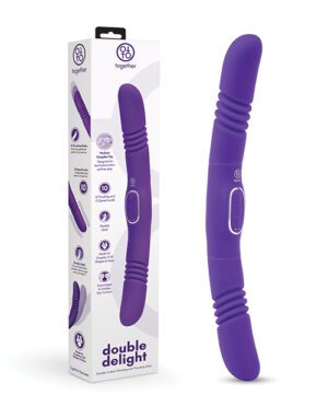 A purple dual-ended vibrator next to its product packaging, highlighting features and design.