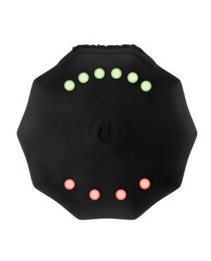 An octagonal black electronic device with a power button in the center, surrounded by four green and four red illuminated buttons.