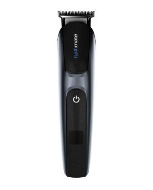 An electric hair clipper with black and grey design and power button visible.