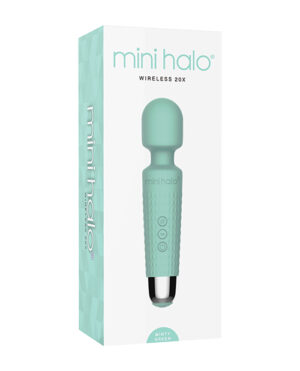 Product packaging for "mini halo Wireless 20X" in mint green, featuring a handheld massager displayed next to the box.